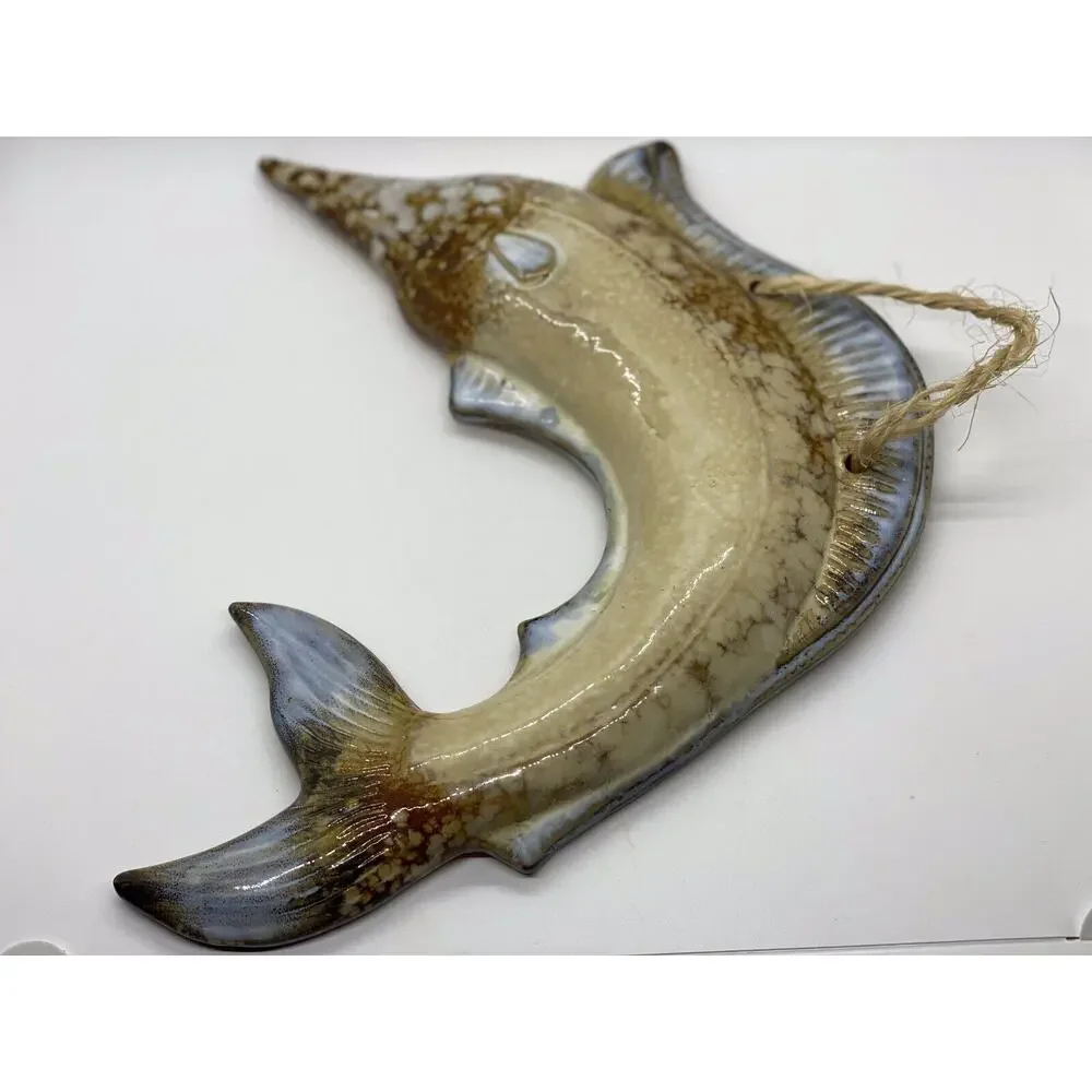 Drip Glaze Pottery Swordfish Wall Decor. Approx 11”x 10.5”